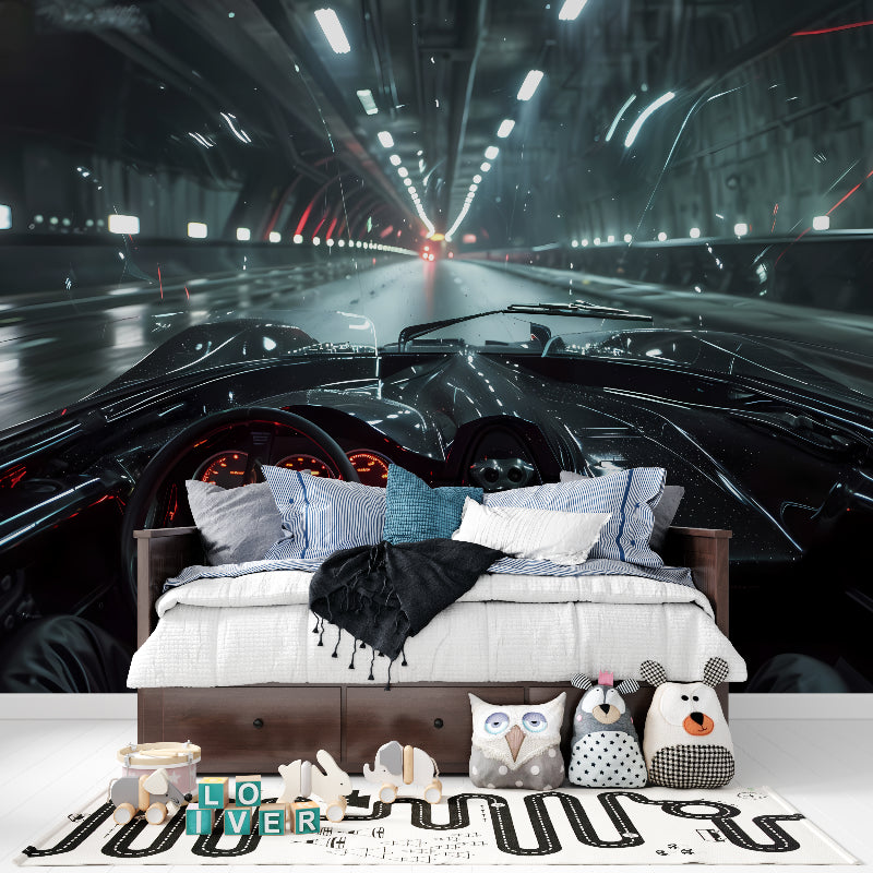 Car mural with night lights effect transforming modern entertainment room