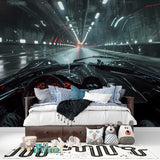 Car mural with night lights effect transforming modern entertainment room