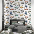 Racing car wallpaper bringing life to a modern kids bedroom with soft natural lighting