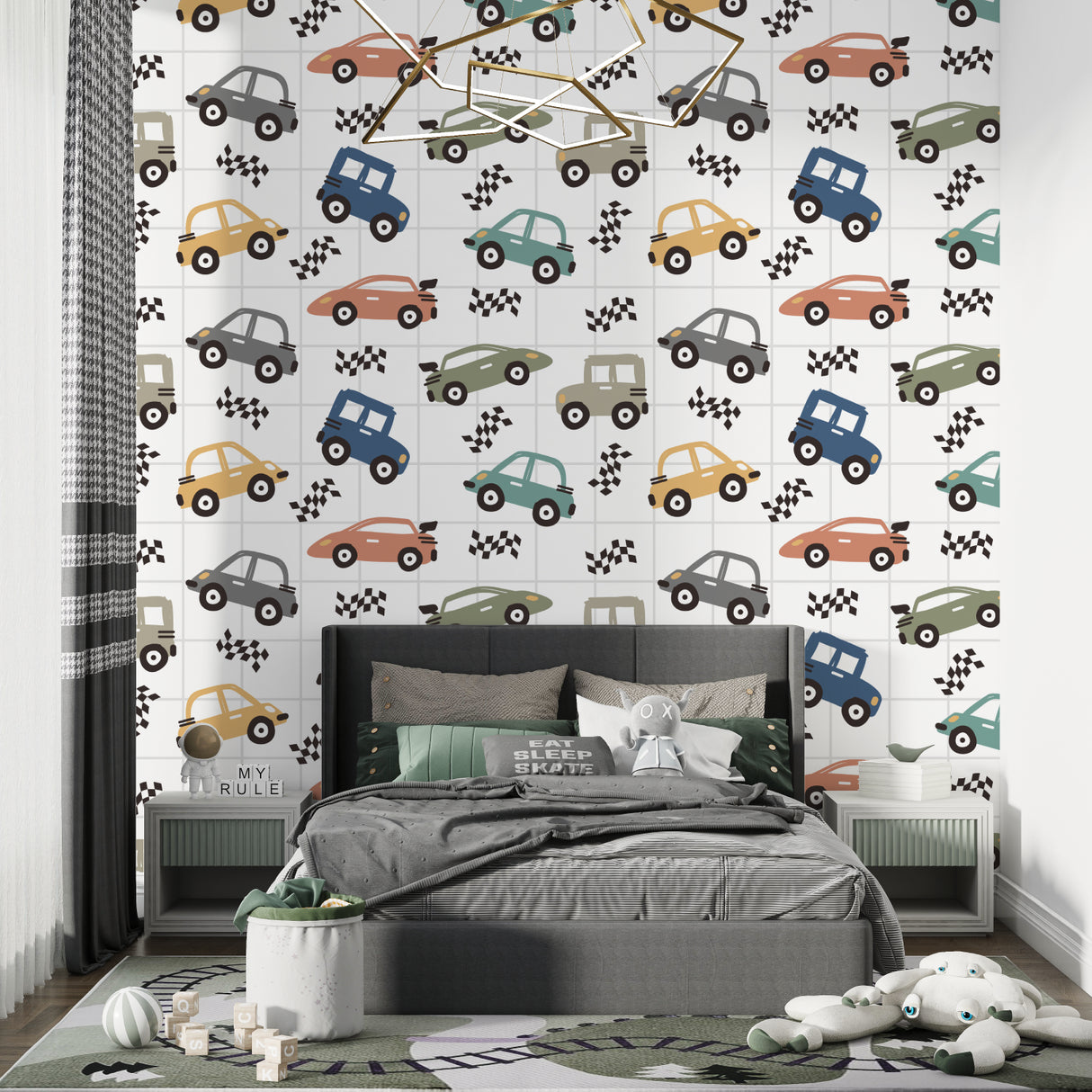 Racing car wallpaper bringing life to a modern kids bedroom with soft natural lighting