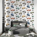 Racing car wallpaper bringing life to a modern kids bedroom with soft natural lighting