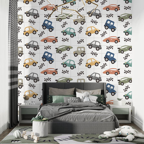 Racing car wallpaper bringing life to a modern kids bedroom with soft natural lighting