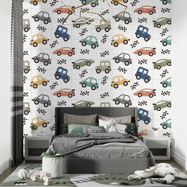 Racing car wallpaper bringing life to a modern kids bedroom with soft natural lighting