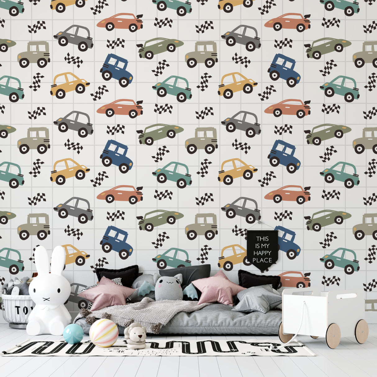 Vintage car mural design showcased in a cozy playroom setting