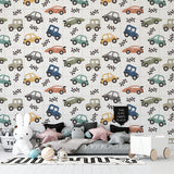 Vintage car mural design showcased in a cozy playroom setting