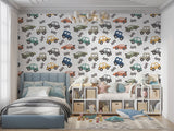 Racing theme wallpaper displayed in a bright nursery with minimal furniture