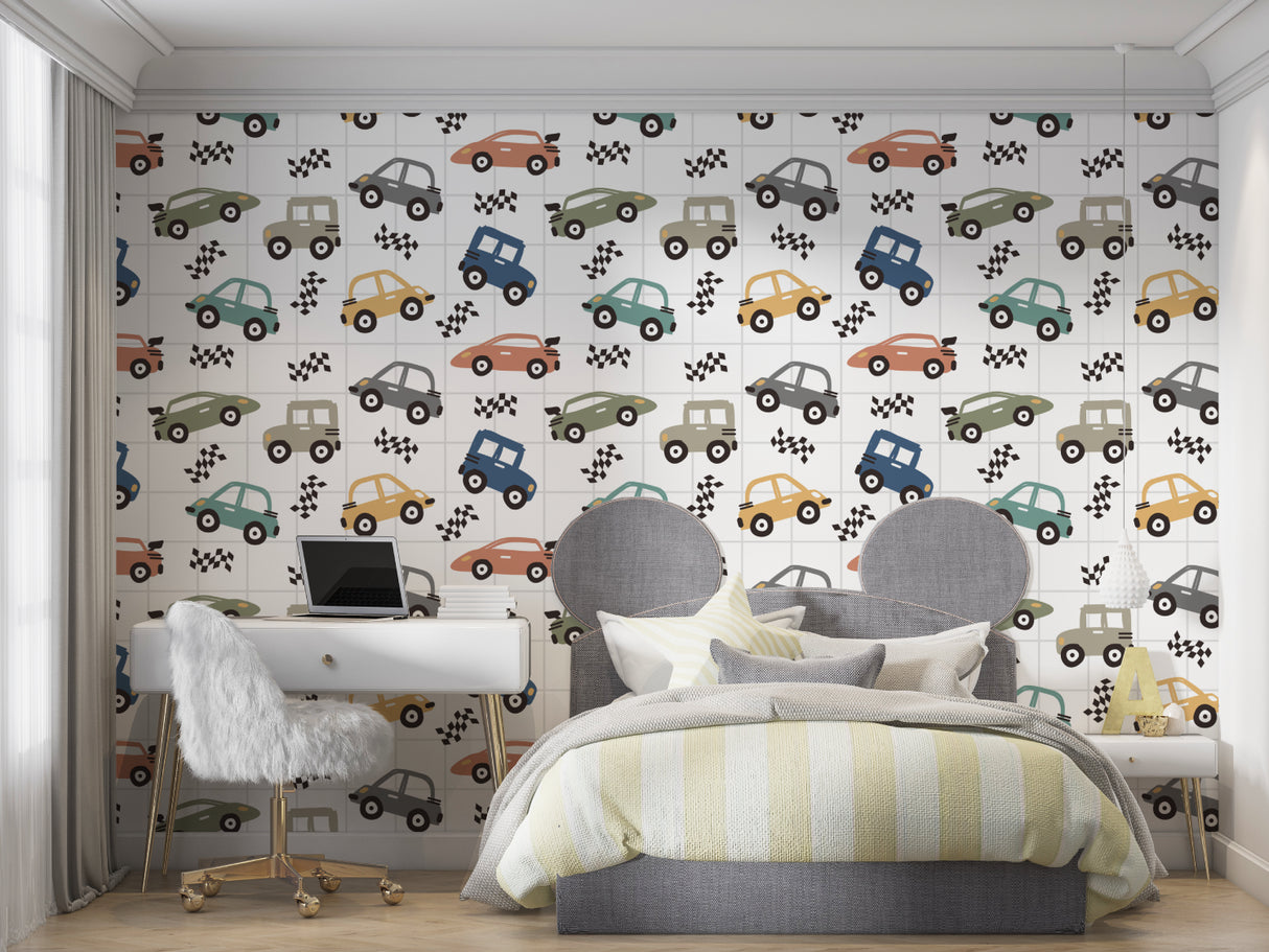 Car wallpaper mural creating magic in a boy's gaming room setup