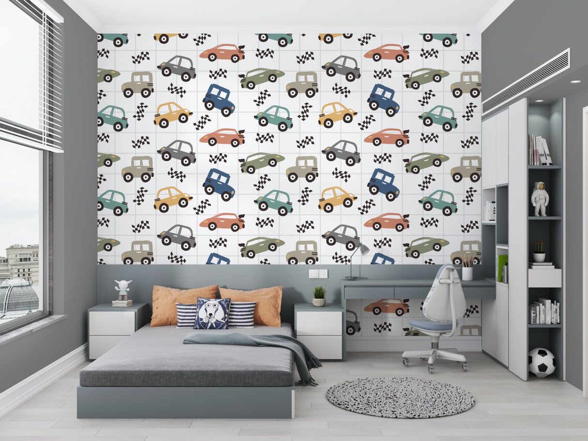 Kids car wallpaper bringing charm to a modern study corner