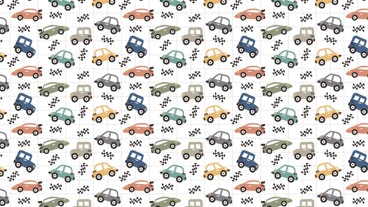 Racing car wallpaper design file showing detailed pattern with checkered flags and vintage vehicles