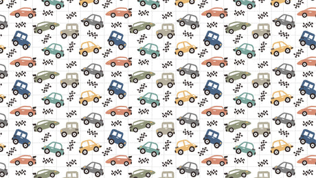 Racing car wallpaper design file showing detailed pattern with checkered flags and vintage vehicles