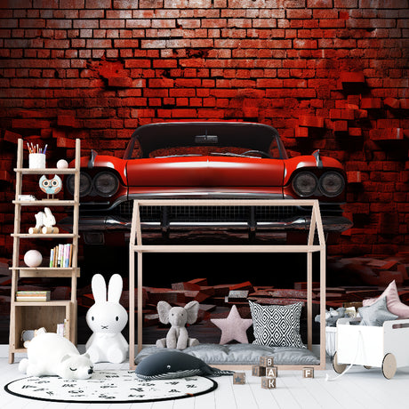Classic car wallpaper mural styled in modern living room showing vintage automobile against red brick wall