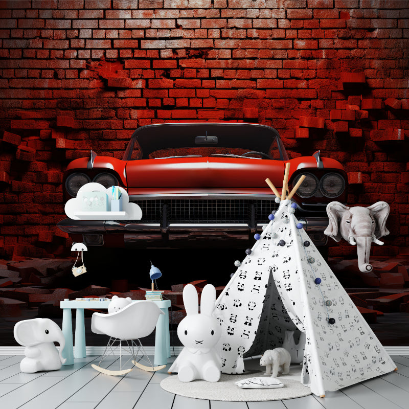 Vintage car wall mural creating focal point in industrial style game room with brick backdrop