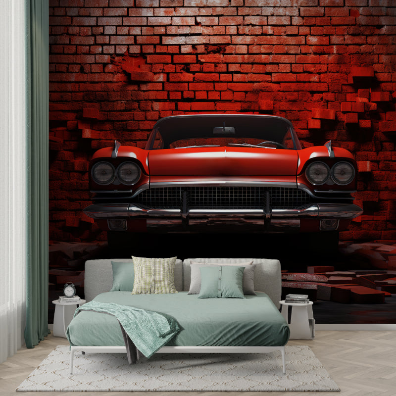 Automotive wallpaper design showcased in teen bedroom with retro car and brick elements