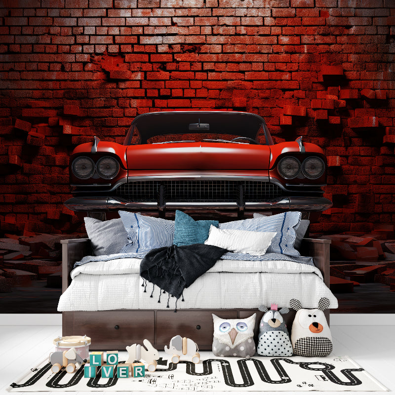 Classic car mural installation in home office featuring vintage automobile against textured brick