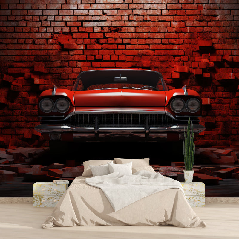 Retro car wall mural displayed in man cave showing detailed brick texture and classic auto design