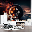 Racing car wallpaper showcased in modern teen bedroom with gaming setup