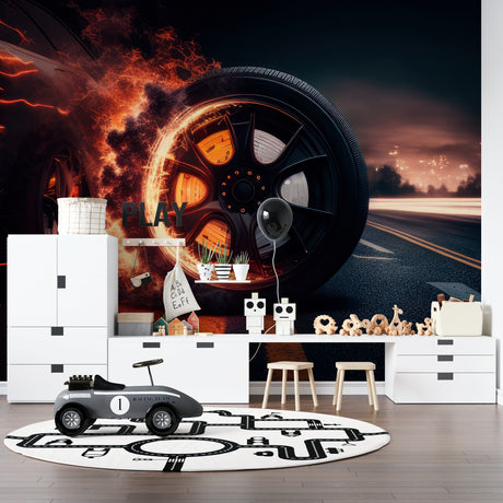 Racing car wallpaper showcased in modern teen bedroom with gaming setup