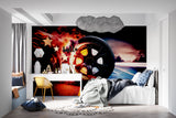Sports themed racing mural in contemporary man cave with leather furniture