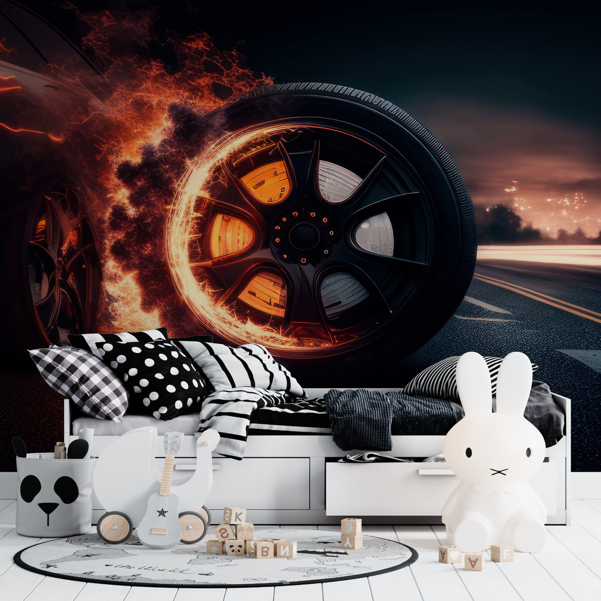 Flaming wheel racing wallpaper in urban style game room