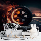 Flaming wheel racing wallpaper in urban style game room
