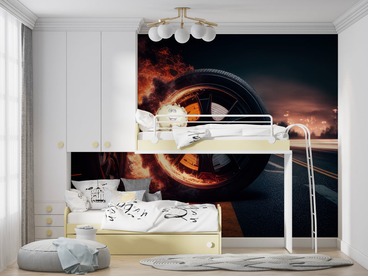 Car racing mural adding dynamic feel to modern home office
