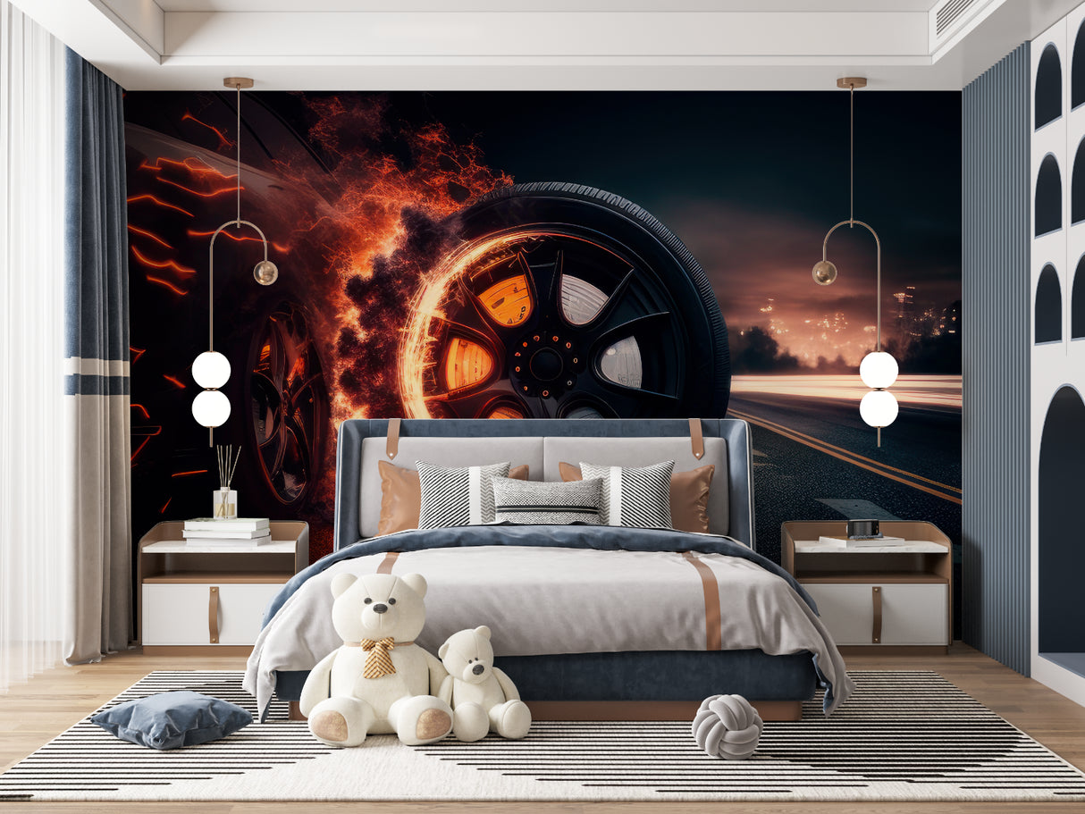 Racing theme wallpaper in minimalist entertainment room