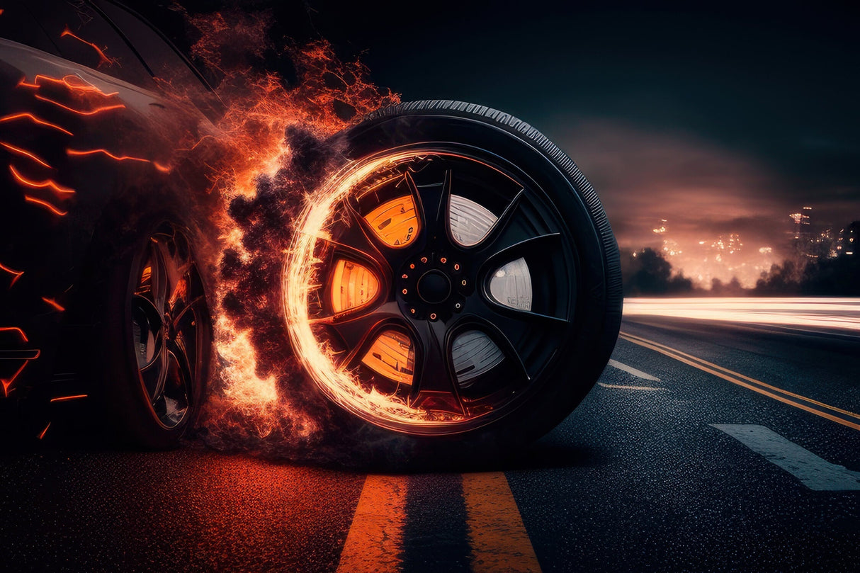Racing car wheel with flames design file showing detailed pattern and colors