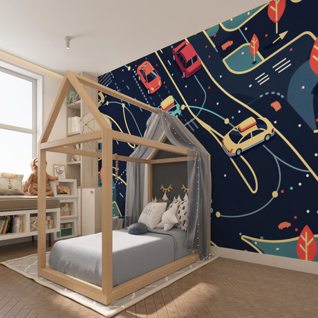 Racing car wallpaper bringing excitement to a modern teen bedroom with LED accent lighting