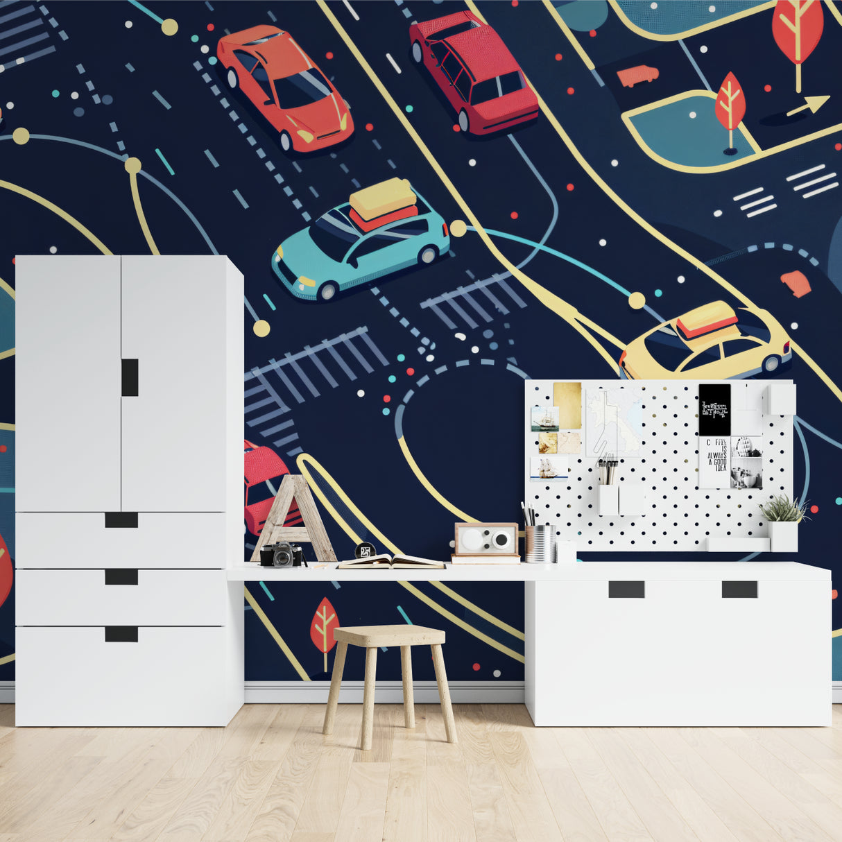 Night city racing mural creating a dynamic atmosphere in a gaming room setup