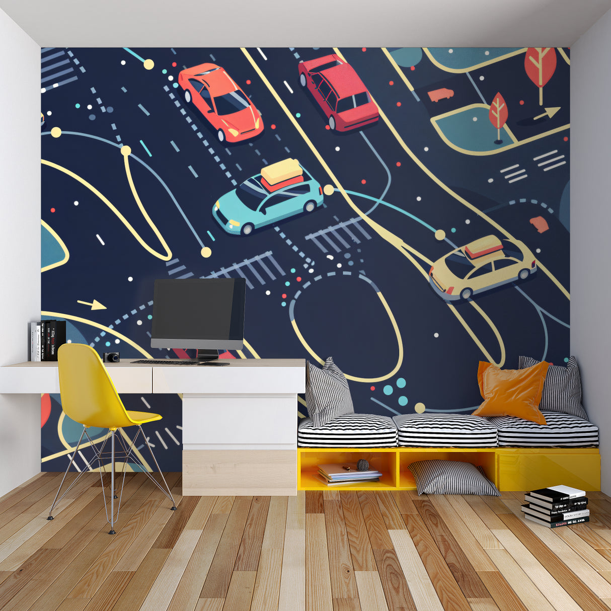 Modern racing car mural adding energy to a stylish playroom setting