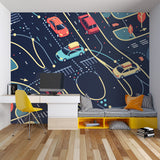 Modern racing car mural adding energy to a stylish playroom setting