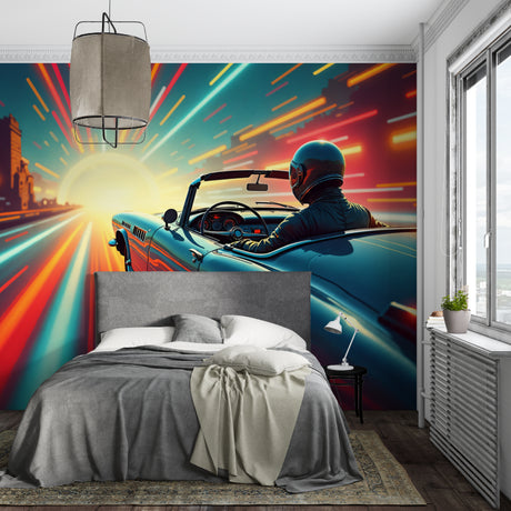 Car racing wallpaper bringing energy to a modern living room with sunset colors and dynamic design