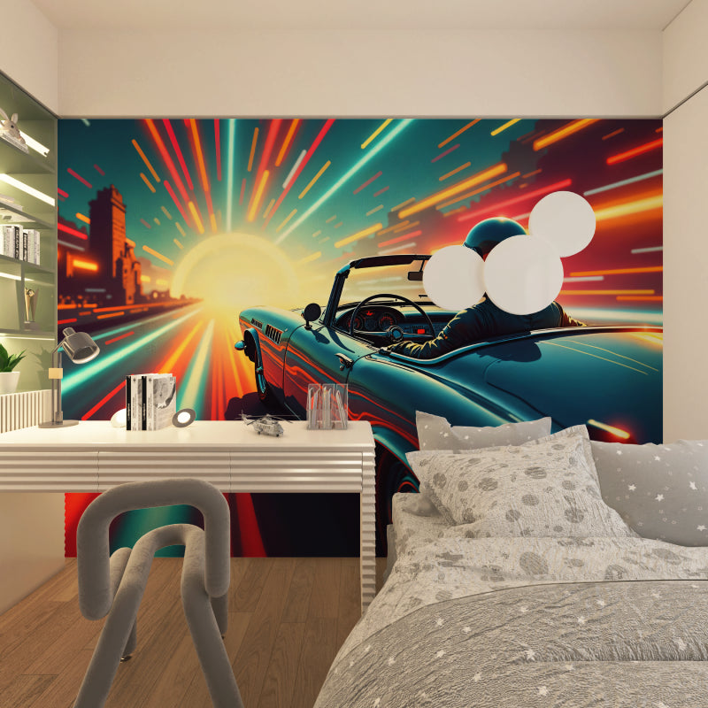 Vintage car mural creating a bold statement in a teen's gaming room with retro sunset vibes