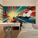 Vintage car mural creating a bold statement in a teen's gaming room with retro sunset vibes