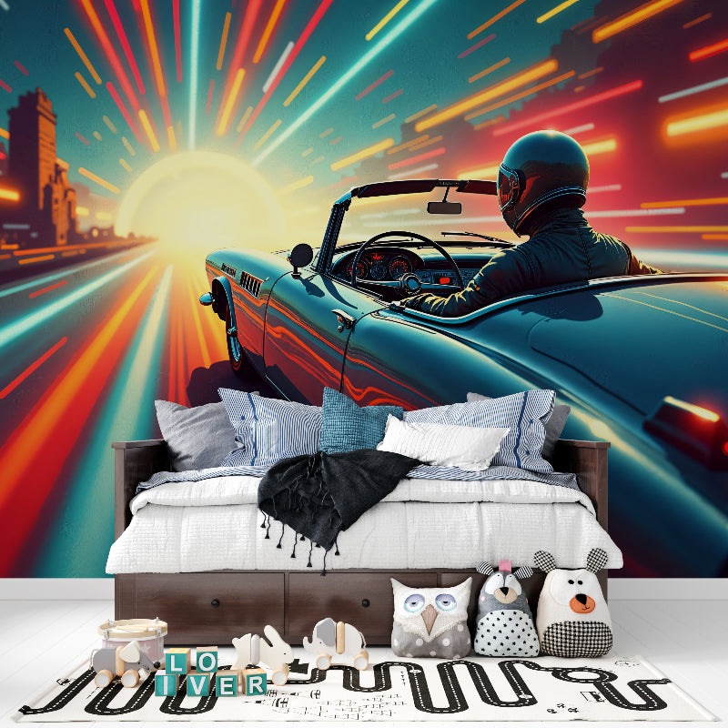 Racing car wallpaper transforming a home office with its warm sunset colors and retro style