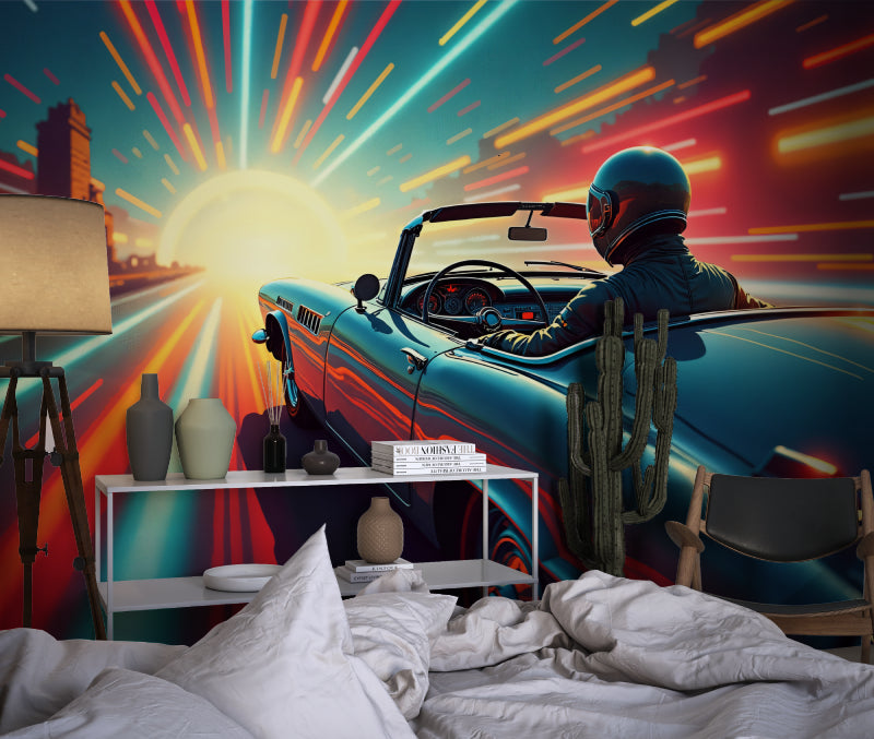 Car mural adding excitement to a child's bedroom with dynamic racing design