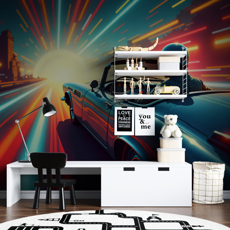 Retro car wallpaper bringing life to a man cave with sunset motif and racing elements