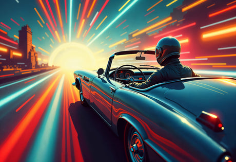 Design file showing detailed pattern of vintage car racing against vibrant sunset backdrop