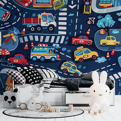 Cars wallpaper mural bringing life to a modern kids bedroom with blue and white furniture
