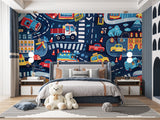 Vehicle themed wallpaper installed in a bright playroom showing scale and vibrancy