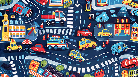 Design file showing detailed car and city pattern with vibrant colors and engaging road elements