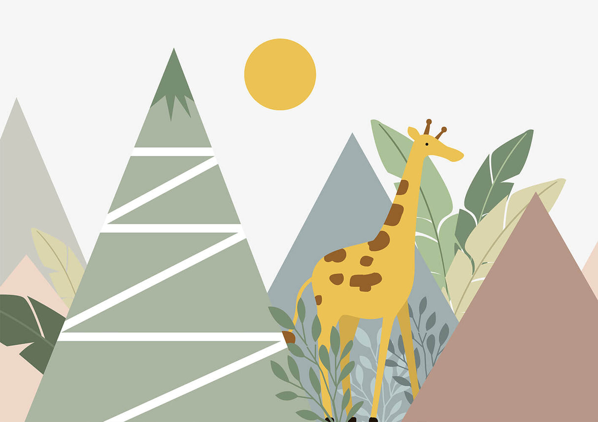 Mountain Safari Mural Wallpaper | Giraffe and Geometric Trees Design