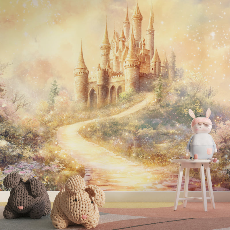 Castle wall mural bringing magic to a child's bedroom with soft golden lighting
