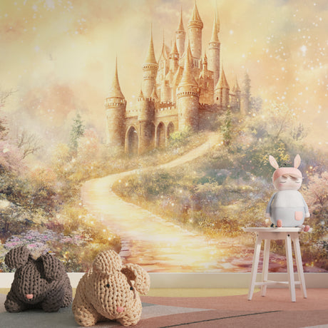 Castle wall mural bringing magic to a child's bedroom with soft golden lighting