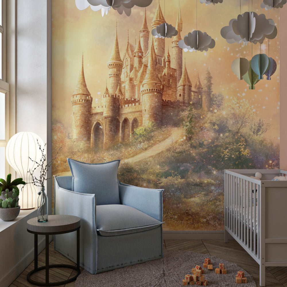 Enchanted castle wallpaper creating wonder in a nursery setting