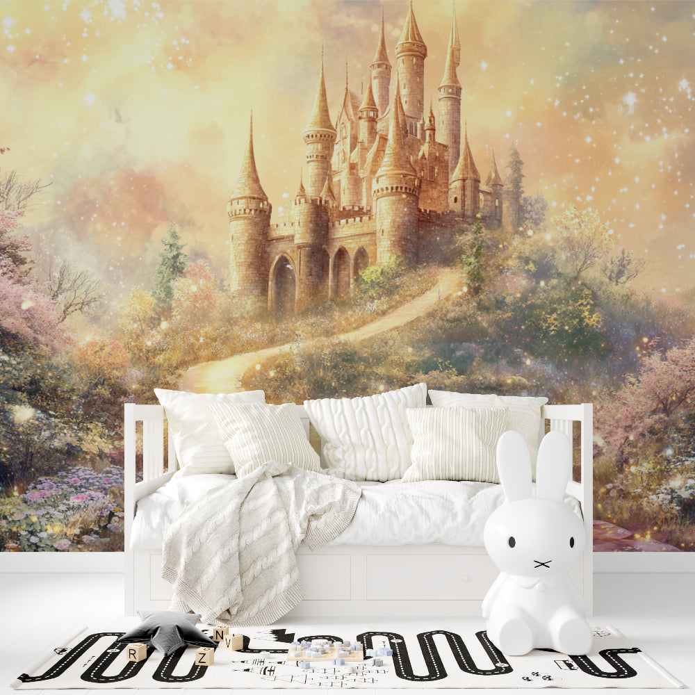 Fairytale castle mural transforming a playroom into a magical realm