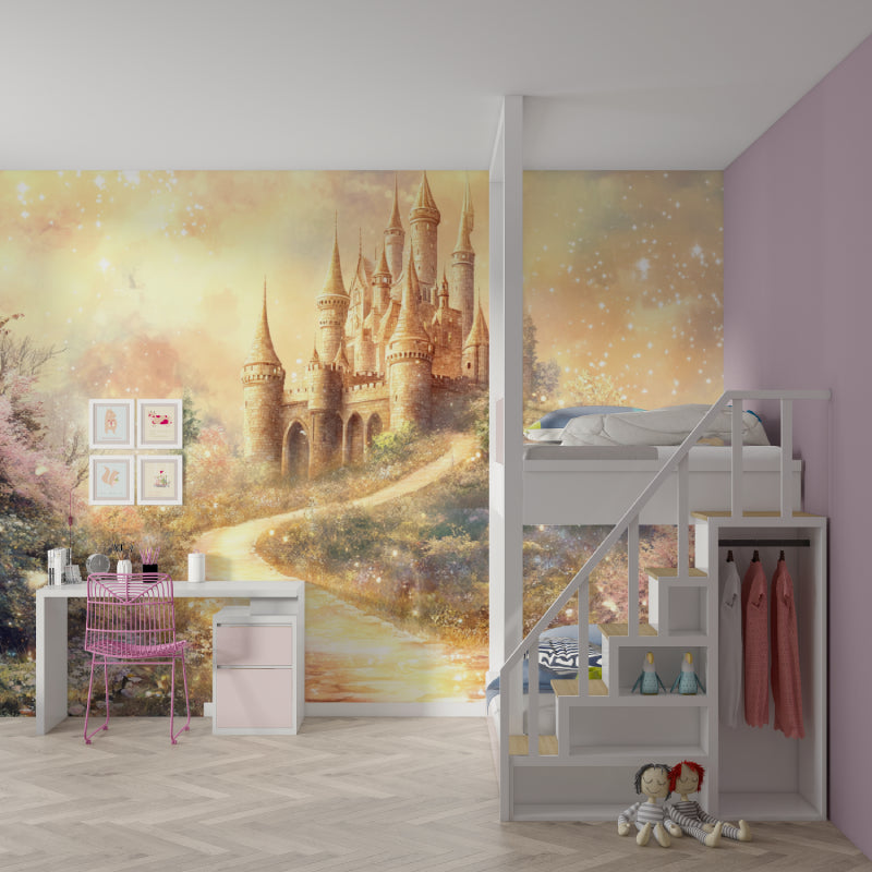 Princess castle wallpaper adding charm to a girl's reading nook