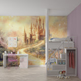 Princess castle wallpaper adding charm to a girl's reading nook