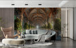 Castle gallery wallpaper creating depth in modern living room with elegant furniture