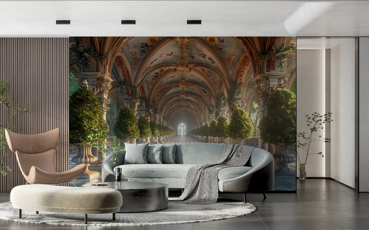 Castle gallery wallpaper creating depth in modern living room with elegant furniture